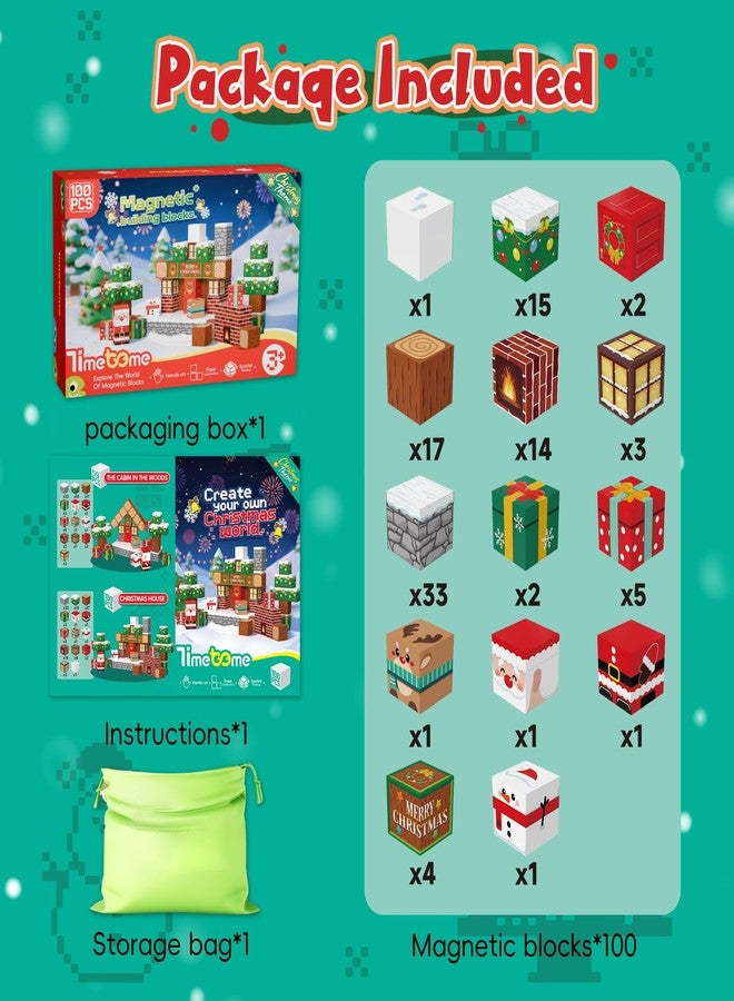 Timetome Magnetic Blocks, 100PCS Magnetic Building Block Cubes, STEM Montessori Sensory Toys for Kids Boys Girls Ages 3 4 5 6 7 8 9 10 (Christmas Version) - Image 2